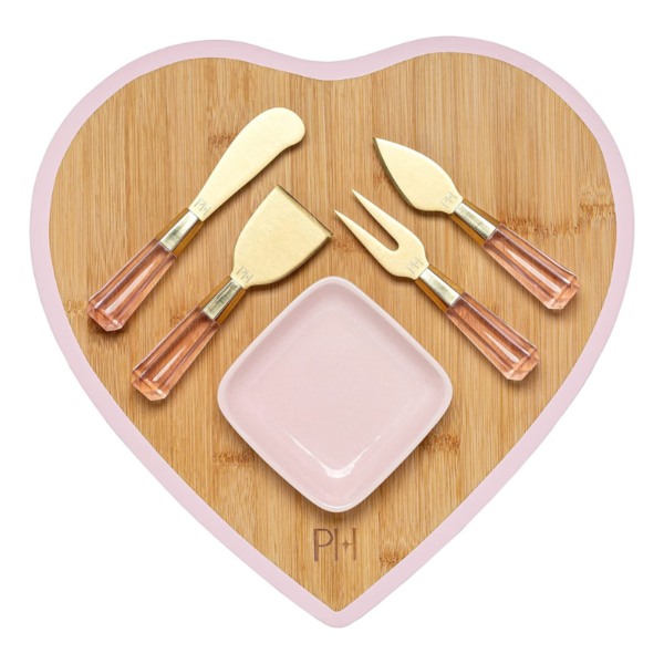 Heart Shaped Serving Set with Bamboo cheese board, six cheese knives and ceramic bowl. Recommendations from Amazon.