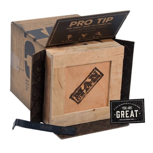 Man Crates box with Crowbar inside shipping box.