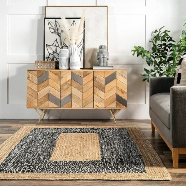 Natural Jute Black & White Rug, Rectangle in living area. Recommendations from Amazon.