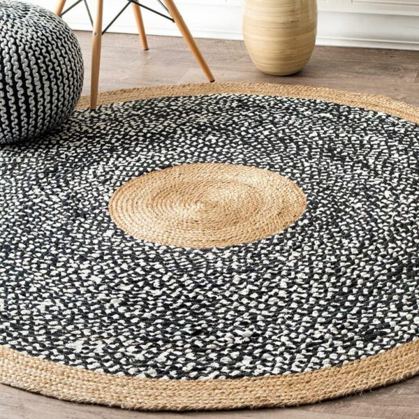 Natural Jute Black & White Rug, 6ft Round in Living Area. Recommendations from Amazon.